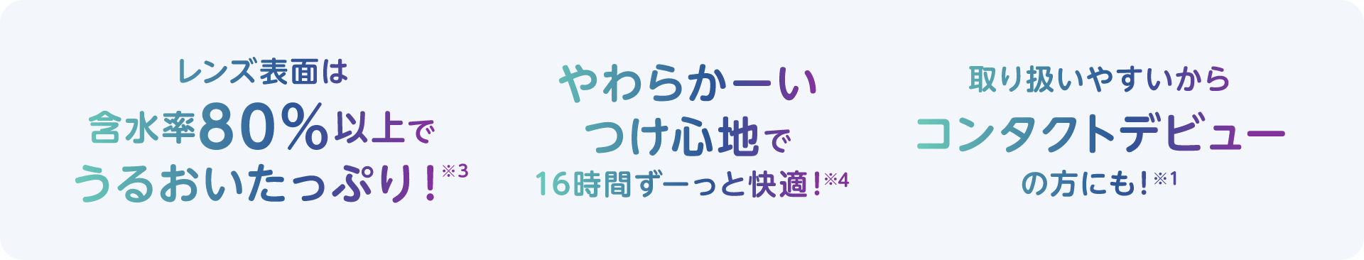 レンズ表面は含水率80%以上でうるおいたっぷり！※3 やわらかーいつけ心地で16時間ずーっと快適！※4 取り扱いやすいからコンタクトデビューの方にも！※1